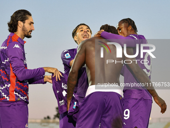 Moise Kean of Fiorentina celebrates after scoring his team's goal during the Italian Serie A football match between Fiorentina and Hellas Ve...