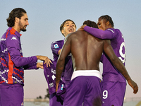 Moise Kean of Fiorentina celebrates after scoring his team's goal during the Italian Serie A football match between Fiorentina and Hellas Ve...