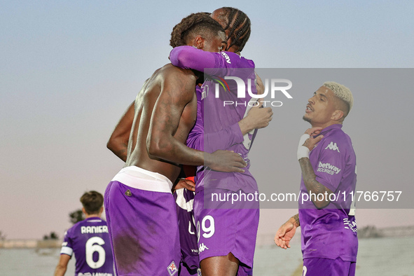 Moise Kean of Fiorentina celebrates after scoring his team's goal during the Italian Serie A football match between Fiorentina and Hellas Ve...