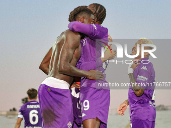 Moise Kean of Fiorentina celebrates after scoring his team's goal during the Italian Serie A football match between Fiorentina and Hellas Ve...