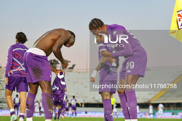 Christian Kouame and Moise Kean participate in the Italian Serie A football match between Fiorentina and Hellas Verona in Florence, Italy, o...