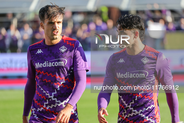 ACF Fiorentina players warm up before the match between the Italian Serie A football match between ACF Fiorentina and Hellas Verona FC ,on N...