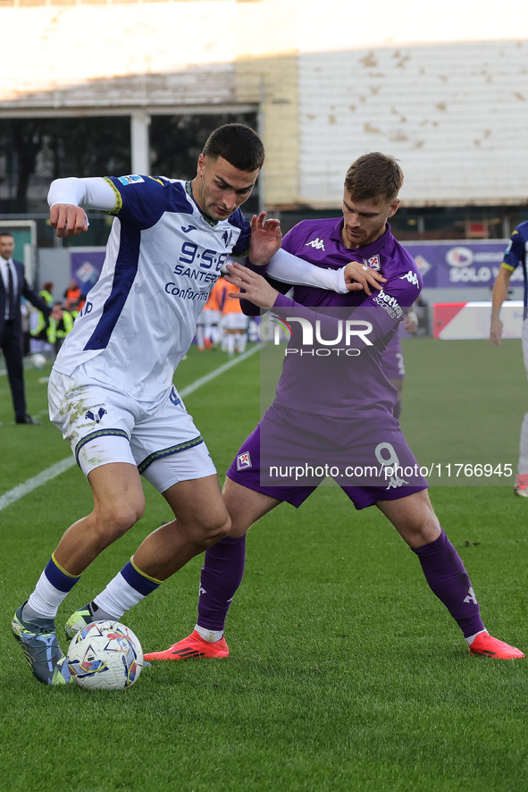 Lucas Beltran of ACF Fiorentina and Diego Coppola of Hellas Verona FC ,battle for the ball during the Italian Serie A football match between...