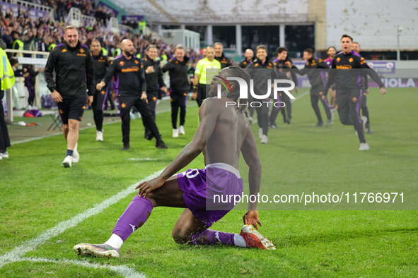 Moise Kean of ACF Fiorentina celebrates after scoring his team's goal during the Italian Serie A football match between ACF Fiorentina and H...