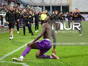 Moise Kean of ACF Fiorentina celebrates after scoring his team's goal during the Italian Serie A football match between ACF Fiorentina and H...