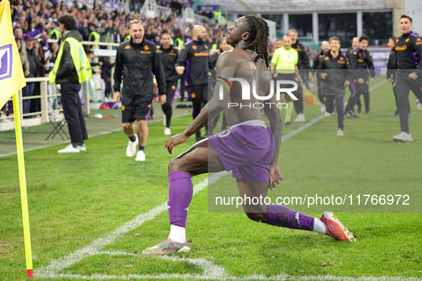 Moise Kean of ACF Fiorentina celebrates after scoring his team's goal during the Italian Serie A football match between ACF Fiorentina and H...