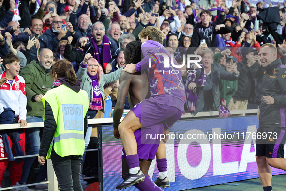 Moise Kean of ACF Fiorentina celebrates after scoring his team's goal during the Italian Serie A football match between ACF Fiorentina and H...