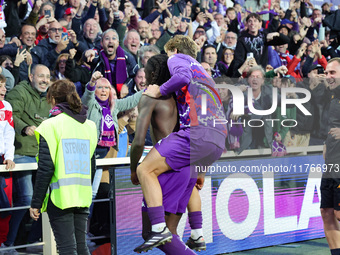 Moise Kean of ACF Fiorentina celebrates after scoring his team's goal during the Italian Serie A football match between ACF Fiorentina and H...