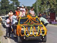 Congress candidate from the Samaguri constituency, Tanzil Hussain, participates in a roadshow during an election campaign rally ahead of the...