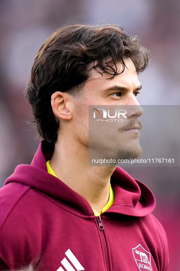 Mile Svilar of AS Roma looks on during the Serie A Enilive match between AS Roma and Bologna FC at Stadio Olimpico on November 10, 2024 in R...