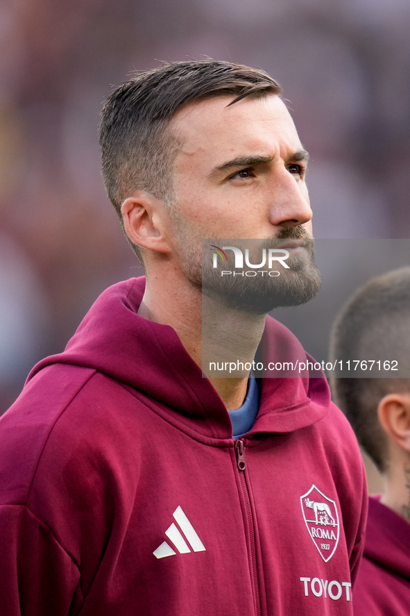 Bryan Cristante of AS Roma looks on during the Serie A Enilive match between AS Roma and Bologna FC at Stadio Olimpico on November 10, 2024...