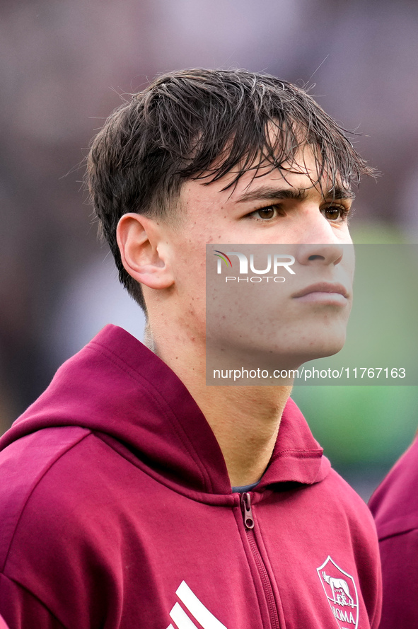 Niccolo' Pisilli of AS Roma looks on during the Serie A Enilive match between AS Roma and Bologna FC at Stadio Olimpico on November 10, 2024...