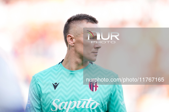 Lukasz Skorupski of Bologna FC looks dejected uring the Serie A Enilive match between AS Roma and Bologna FC at Stadio Olimpico on November...