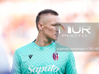 Lukasz Skorupski of Bologna FC looks dejected uring the Serie A Enilive match between AS Roma and Bologna FC at Stadio Olimpico on November...