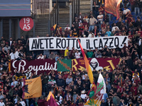 Supporters of AS Roma show a banner against the AS Roma society during the Serie A Enilive match between AS Roma and Bologna FC at Stadio Ol...