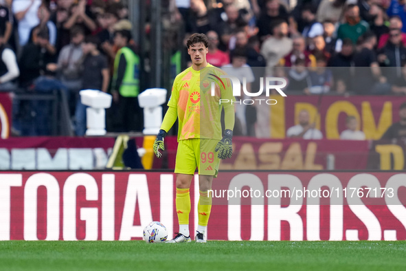 Mile Svilar of AS Roma looks on during the Serie A Enilive match between AS Roma and Bologna FC at Stadio Olimpico on November 10, 2024 in R...