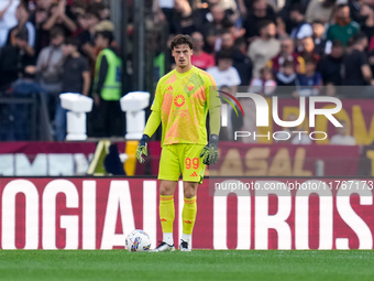 Mile Svilar of AS Roma looks on during the Serie A Enilive match between AS Roma and Bologna FC at Stadio Olimpico on November 10, 2024 in R...