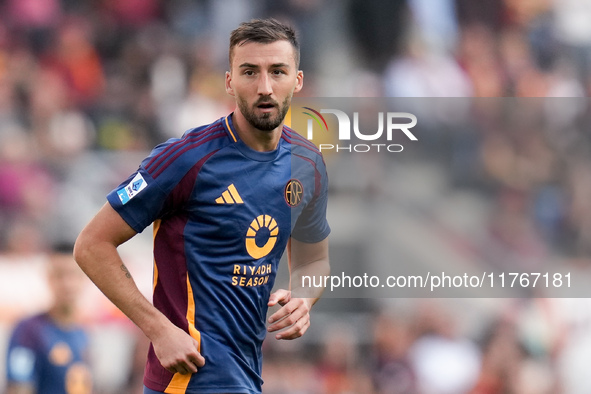 Bryan Cristante of AS Roma looks on during the Serie A Enilive match between AS Roma and Bologna FC at Stadio Olimpico on November 10, 2024...