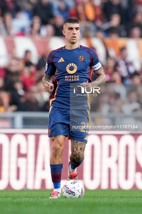 Gianluca Mancini of AS Roma during the Serie A Enilive match between AS Roma and Bologna FC at Stadio Olimpico on November 10, 2024 in Rome,...