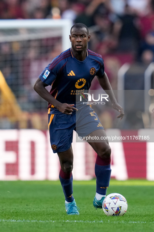 Evan Ndicka of AS Roma during the Serie A Enilive match between AS Roma and Bologna FC at Stadio Olimpico on November 10, 2024 in Rome, Ital...