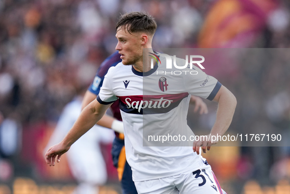 Sam Beukema of Bologna FC looks on during the Serie A Enilive match between AS Roma and Bologna FC at Stadio Olimpico on November 10, 2024 i...