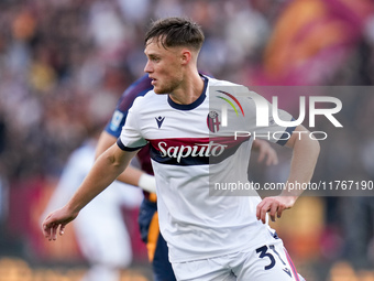 Sam Beukema of Bologna FC looks on during the Serie A Enilive match between AS Roma and Bologna FC at Stadio Olimpico on November 10, 2024 i...