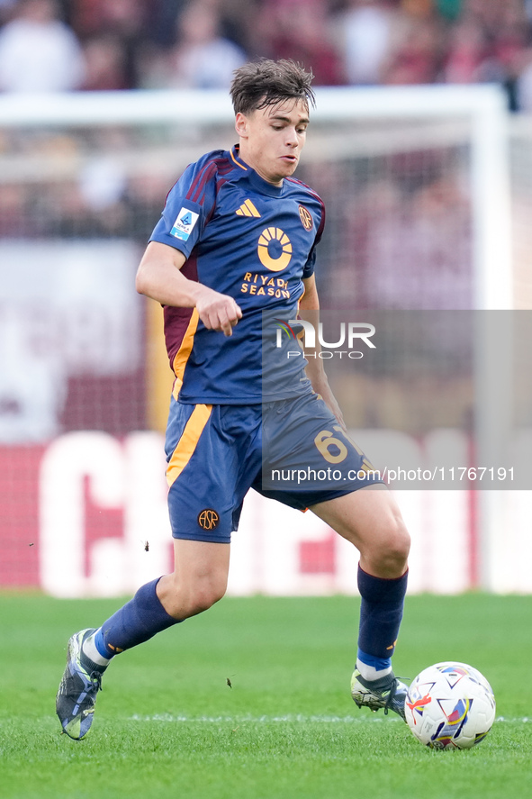 Niccolo' Pisilli of AS Roma during the Serie A Enilive match between AS Roma and Bologna FC at Stadio Olimpico on November 10, 2024 in Rome,...