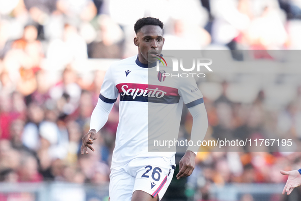 Jhon Lucumi of Bologna FC looks on during the Serie A Enilive match between AS Roma and Bologna FC at Stadio Olimpico on November 10, 2024 i...