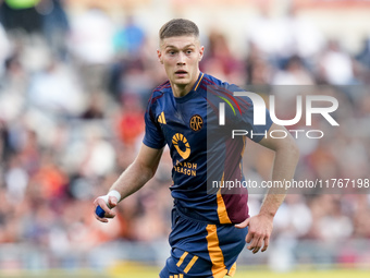 Artem Dovbyk of AS Roma looks on during the Serie A Enilive match between AS Roma and Bologna FC at Stadio Olimpico on November 10, 2024 in...