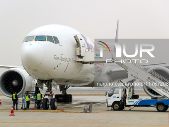 Flight FX5286 operated by FedEx lands at Qingdao Jiaodong International Airport in Qingdao, China, on November 11, 2024. (