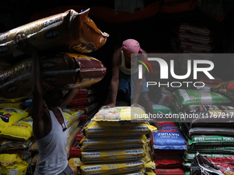 A laborer carries sacks filled with pulses at a wholesale market in Kolkata, India, on November 11, 2024. India's consumer price inflation r...