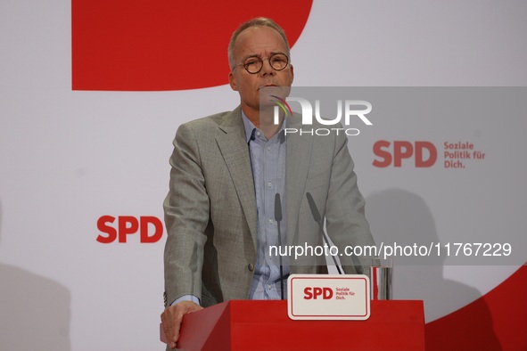 Matthias Miersch, SPD general secretary, speaks during a press conference to the media after the weekly SPD leadership meeting at Willy-Bran...