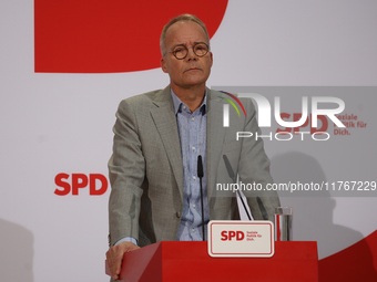 Matthias Miersch, SPD general secretary, speaks during a press conference to the media after the weekly SPD leadership meeting at Willy-Bran...