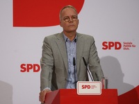 Matthias Miersch, SPD general secretary, speaks during a press conference to the media after the weekly SPD leadership meeting at Willy-Bran...