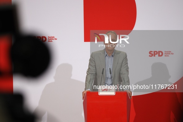 Matthias Miersch, SPD general secretary, speaks during a press conference to the media after the weekly SPD leadership meeting at Willy-Bran...