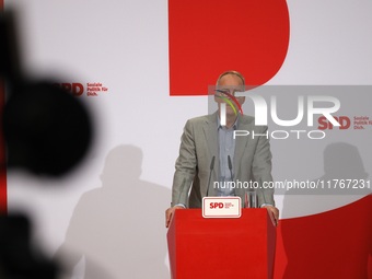 Matthias Miersch, SPD general secretary, speaks during a press conference to the media after the weekly SPD leadership meeting at Willy-Bran...