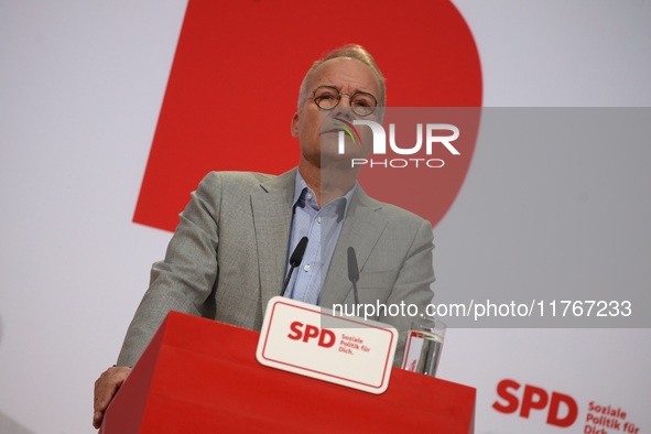 Matthias Miersch, SPD general secretary, speaks during a press conference to the media after the weekly SPD leadership meeting at Willy-Bran...