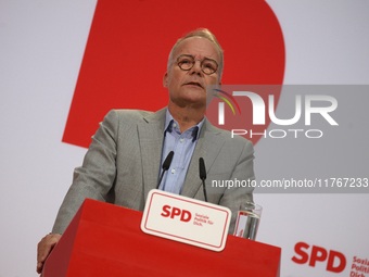 Matthias Miersch, SPD general secretary, speaks during a press conference to the media after the weekly SPD leadership meeting at Willy-Bran...