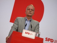 Matthias Miersch, SPD general secretary, speaks during a press conference to the media after the weekly SPD leadership meeting at Willy-Bran...