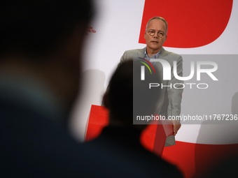 Matthias Miersch, SPD general secretary, speaks during a press conference to the media after the weekly SPD leadership meeting at Willy-Bran...