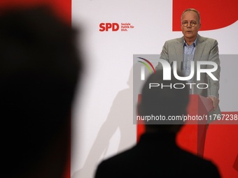 Matthias Miersch, SPD general secretary, speaks during a press conference to the media after the weekly SPD leadership meeting at Willy-Bran...