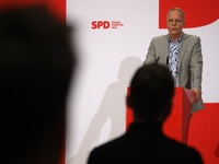 Matthias Miersch, SPD general secretary, speaks during a press conference to the media after the weekly SPD leadership meeting at Willy-Bran...