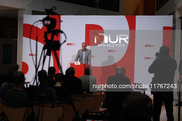 Matthias Miersch, SPD general secretary, speaks during a press conference to the media after the weekly SPD leadership meeting at Willy-Bran...