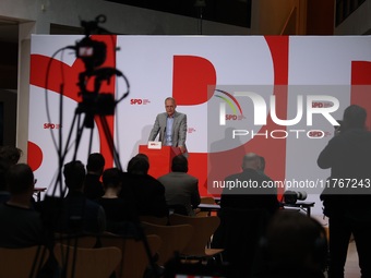 Matthias Miersch, SPD general secretary, speaks during a press conference to the media after the weekly SPD leadership meeting at Willy-Bran...