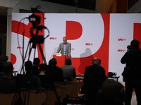 Matthias Miersch, SPD general secretary, speaks during a press conference to the media after the weekly SPD leadership meeting at Willy-Bran...