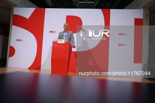 Matthias Miersch, SPD general secretary, speaks during a press conference to the media after the weekly SPD leadership meeting at Willy-Bran...