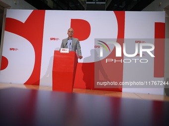 Matthias Miersch, SPD general secretary, speaks during a press conference to the media after the weekly SPD leadership meeting at Willy-Bran...