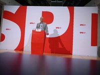 Matthias Miersch, SPD general secretary, speaks during a press conference to the media after the weekly SPD leadership meeting at Willy-Bran...