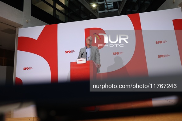 Matthias Miersch, SPD general secretary, speaks during a press conference to the media after the weekly SPD leadership meeting at Willy-Bran...