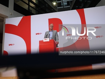 Matthias Miersch, SPD general secretary, speaks during a press conference to the media after the weekly SPD leadership meeting at Willy-Bran...